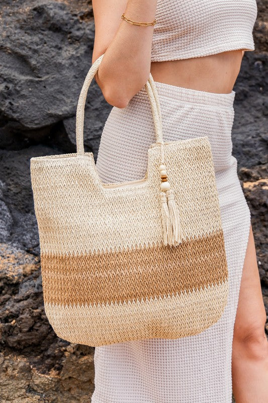 Valeria Two-Tone Straw Tote | Rustic Chic Beaded Tassel Summer Bag - NeoKira Unlimited