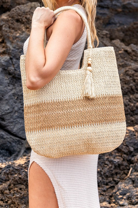 Valeria Two-Tone Straw Tote | Rustic Chic Beaded Tassel Summer Bag - NeoKira Unlimited