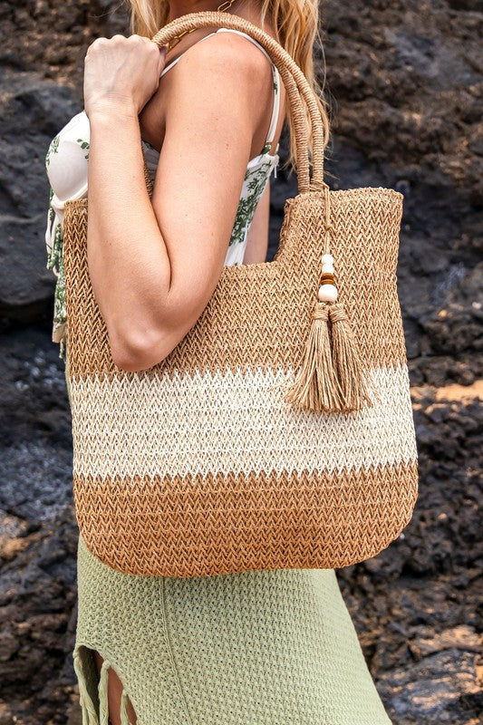 Valeria Two-Tone Straw Tote | Rustic Chic Beaded Tassel Summer Bag - NeoKira Unlimited