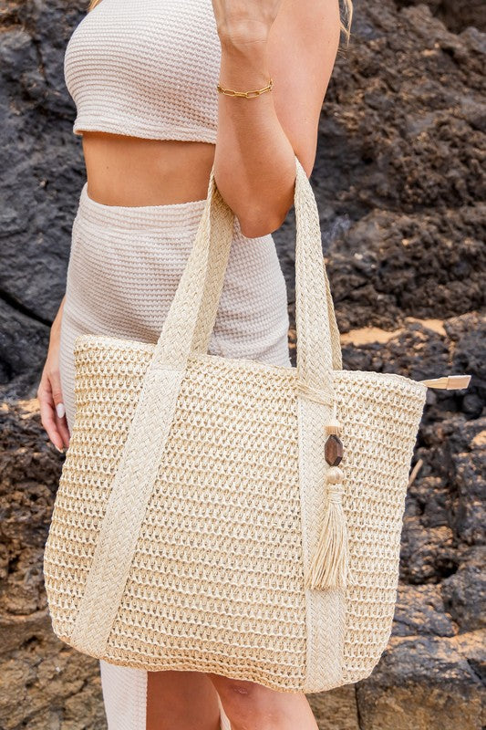 Boho Resort Izola Tassel Straw Tote | Woven Carryall with Wooden Beads - NeoKira Unlimited