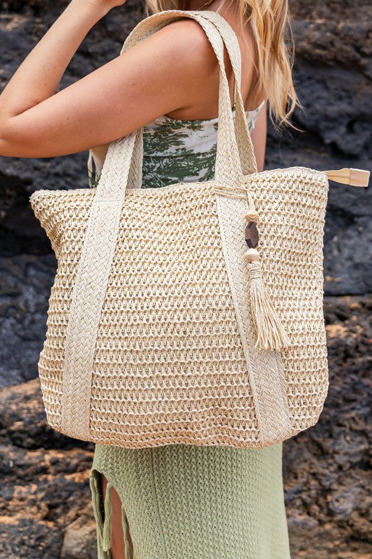 Boho Resort Izola Tassel Straw Tote | Woven Carryall with Wooden Beads - NeoKira Unlimited