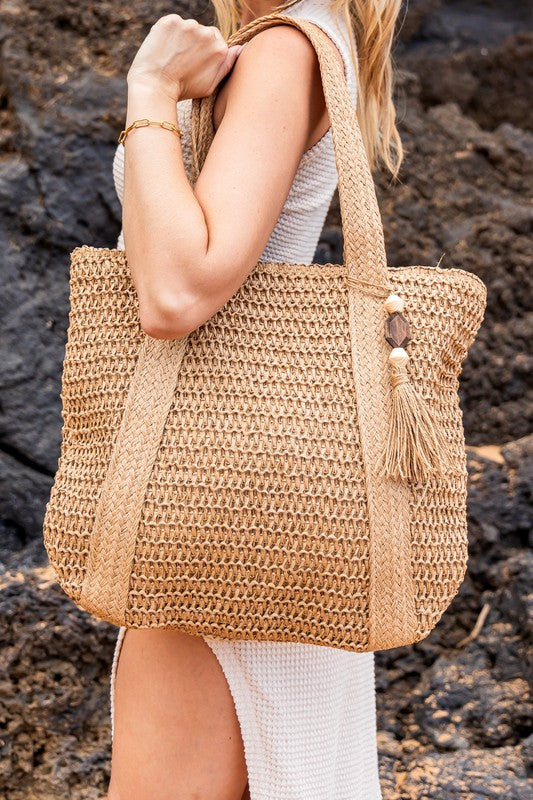 Boho Resort Izola Tassel Straw Tote | Woven Carryall with Wooden Beads - NeoKira Unlimited