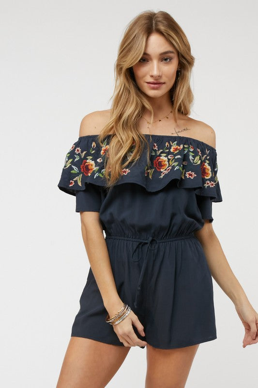 Floral Embroidered Off Shoulder Romper  Davi & Dani   