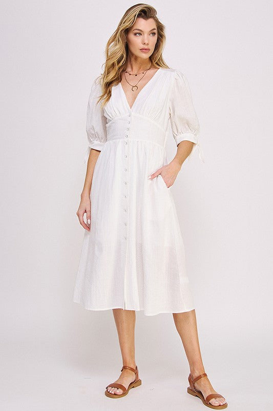 Jade By Jane 3/4 Puff Sleeve Textured V-Neck Button Down Midi Dress Midi Dress Jade By Jane OFF WHITE S 