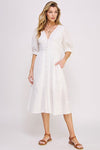 Jade By Jane 3/4 Puff Sleeve Textured V-Neck Button Down Midi Dress Midi Dress Jade By Jane OFF WHITE S 