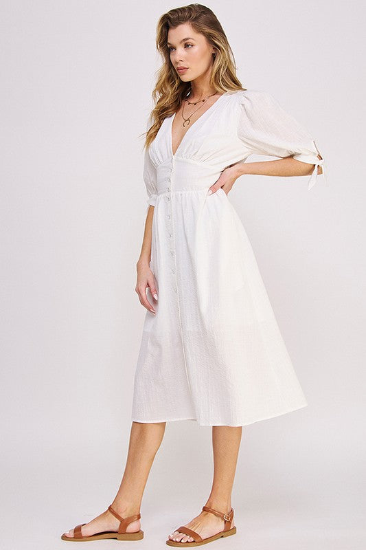 Jade By Jane Textured Puff Sleeve Midi Dress | Romantic Cottagecore Vibes - NeoKira Unlimited
