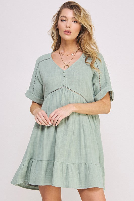 Jade by Jane Textured Short Sleeves Button Down V-Neck Short Dress