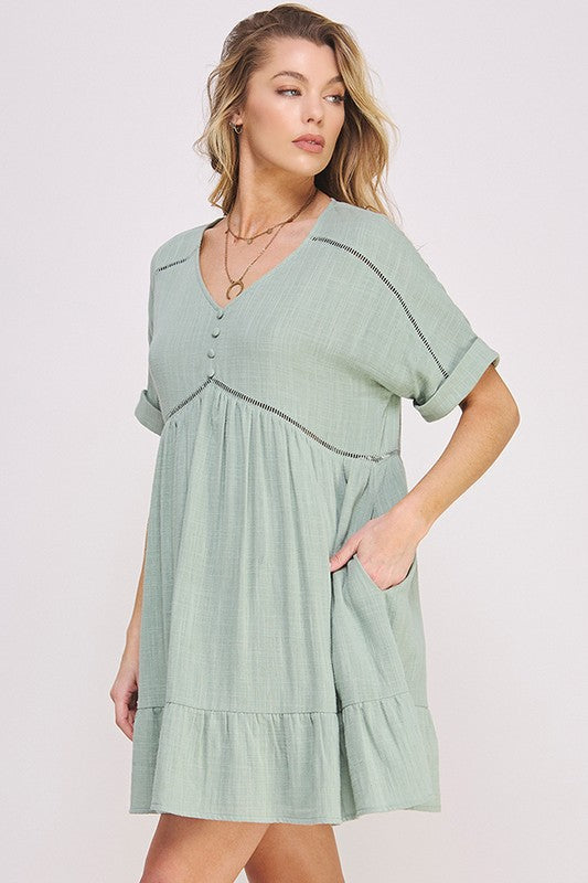 Jade By Jane Textured A-Line Short Dress | Boho Minimalist V-Neck - NeoKira Unlimited