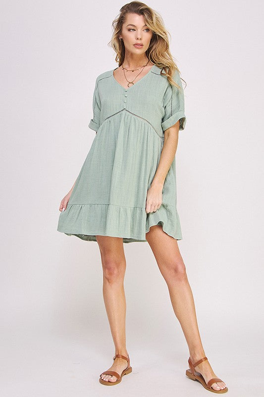 Jade By Jane Textured A-Line Short Dress | Boho Minimalist V-Neck - NeoKira Unlimited