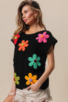 BiBi Flower Round Neck Cap Sleeve Knit Top Top Trendsi   