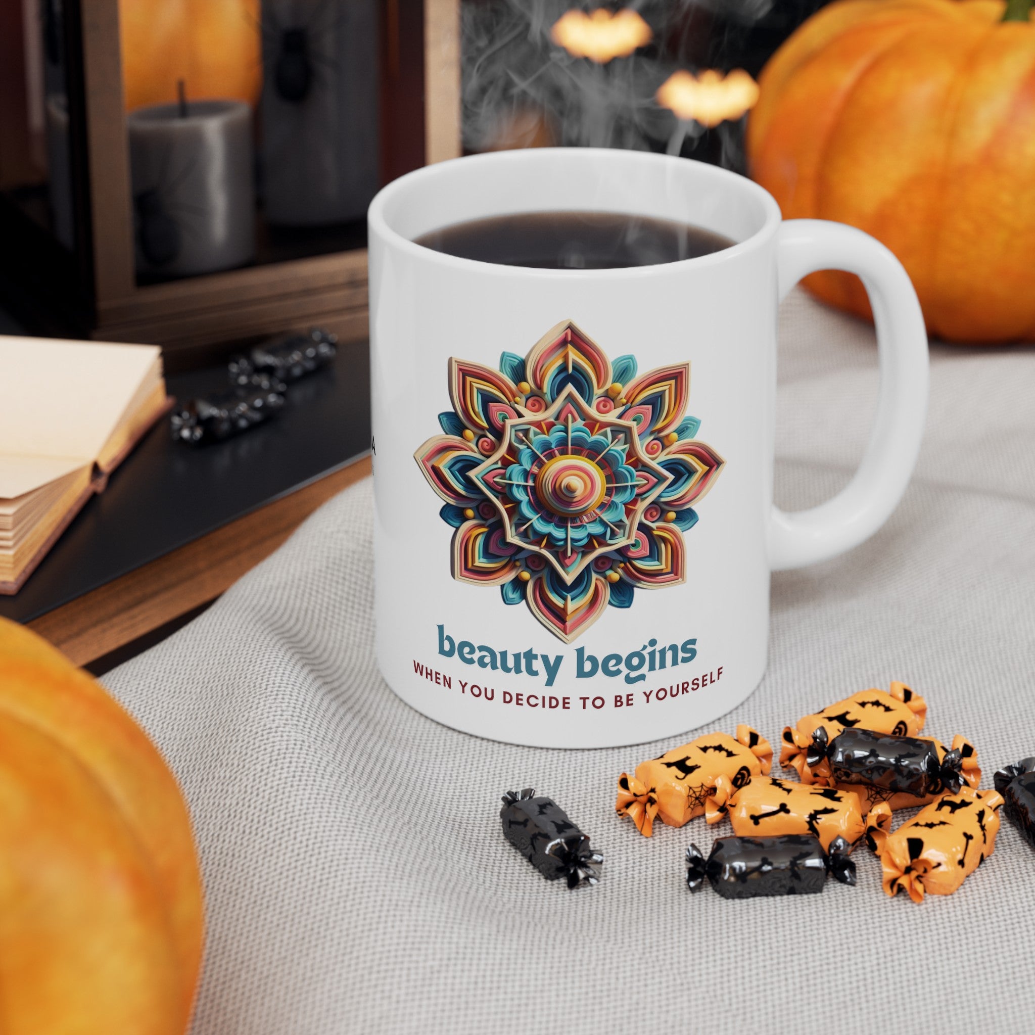 BEAUTY BEGINS MANDALA Ceramic Mug 11oz 11oz Mug Printify   