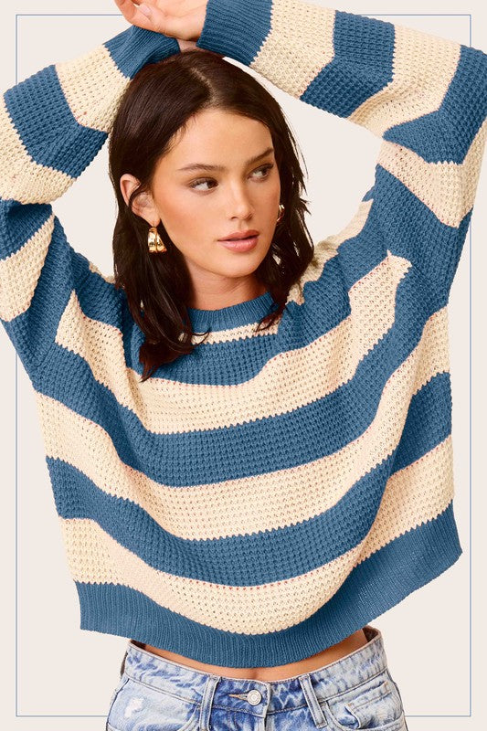 LA MIEL Striped Round Neck Loose Fit Sweater - NeoKira Unlimited