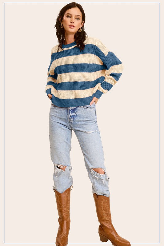 LA MIEL Striped Round Neck Loose Fit Sweater - NeoKira Unlimited