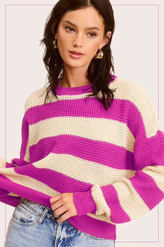 LA MIEL Striped Round Neck Loose Fit Sweater - NeoKira Unlimited