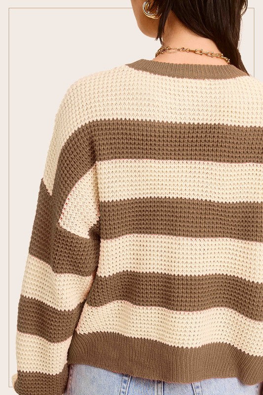 LA MIEL Striped Round Neck Loose Fit Sweater - NeoKira Unlimited