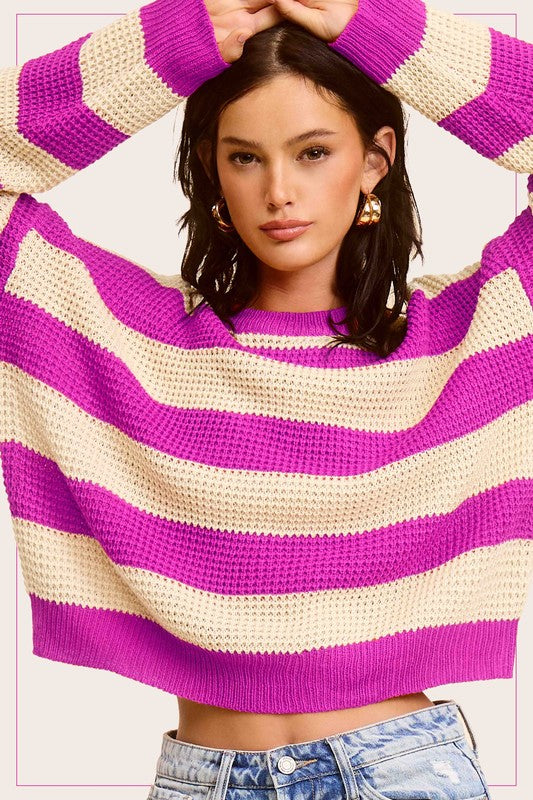 LA MIEL Striped Round Neck Loose Fit Sweater - NeoKira Unlimited