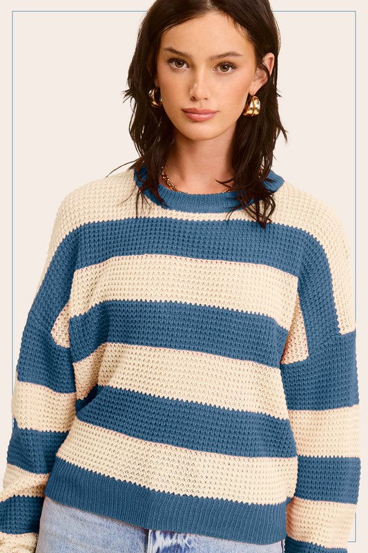 LA MIEL Striped Round Neck Loose Fit Sweater - NeoKira Unlimited