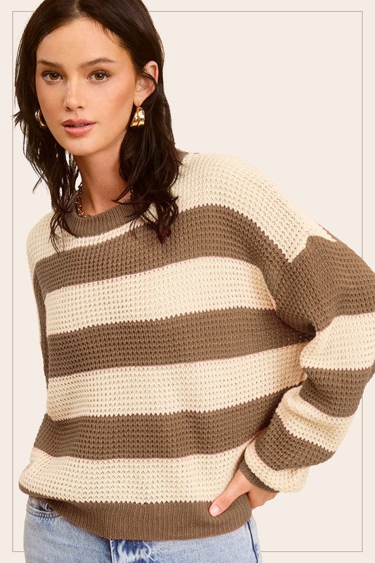 LA MIEL Striped Round Neck Loose Fit Sweater - NeoKira Unlimited