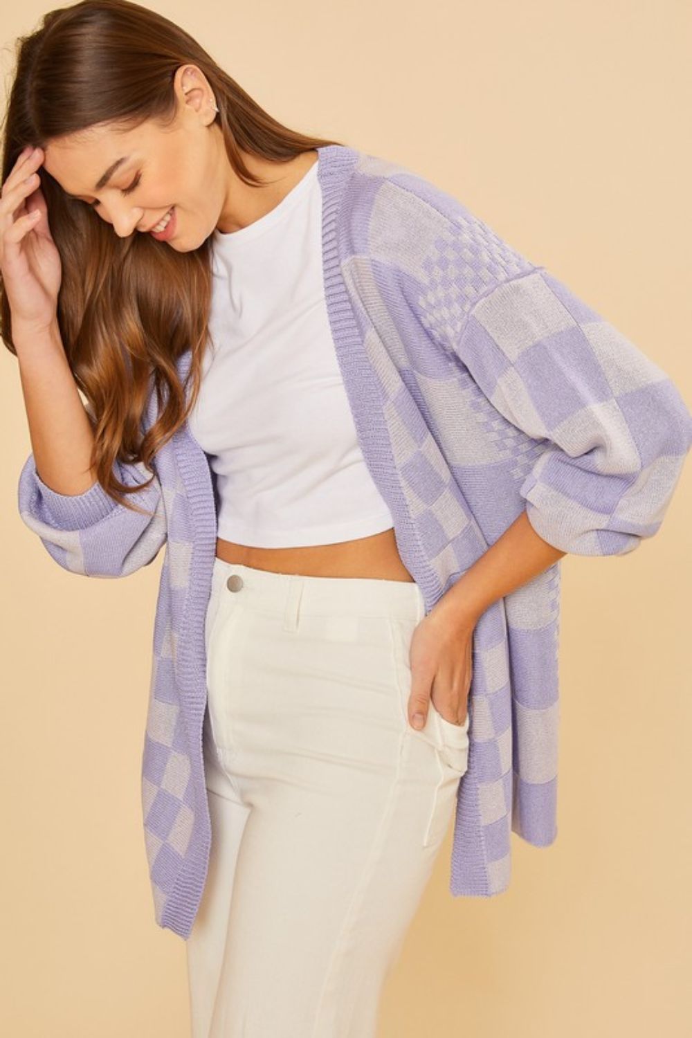 Annie Wear Checkered Open Front Drop Shoulder Cardigan - NeoKira Unlimited