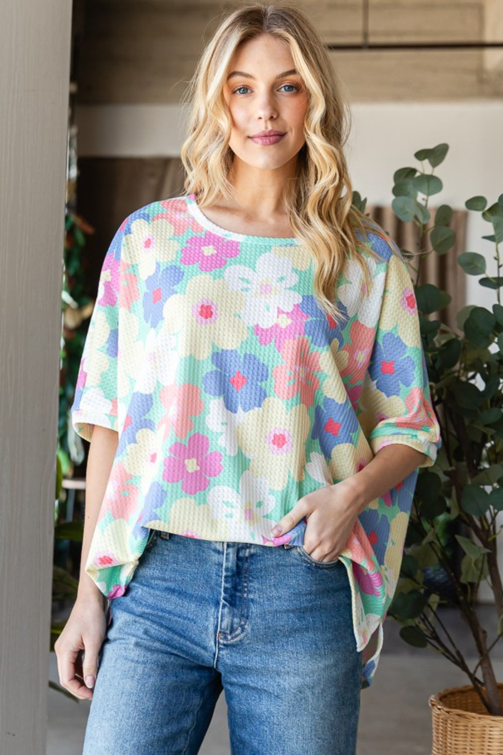 HOPELY Floral Waffle Oversized T-Shirt - NeoKira Unlimited