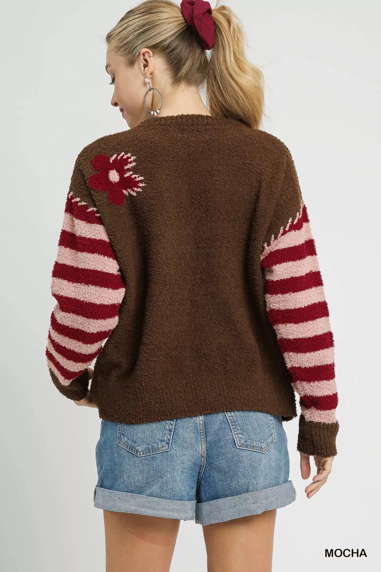 Umgee Flower Jacquard Striped Long Sleeve Sweater Cozy Cottagecore Chic - NeoKira Unlimited