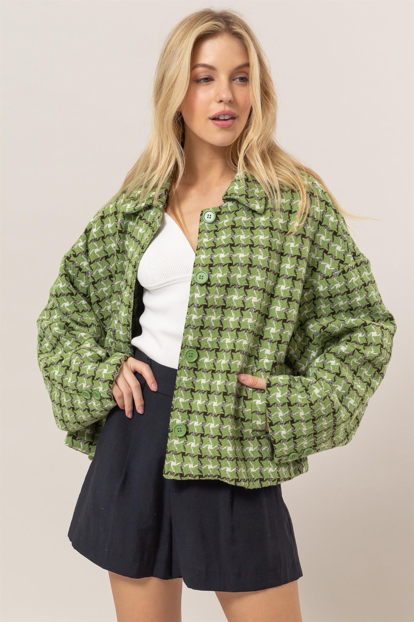 HYFVE Tweed Plaid Button Up Collared Neck Jacket - NeoKira Unlimited