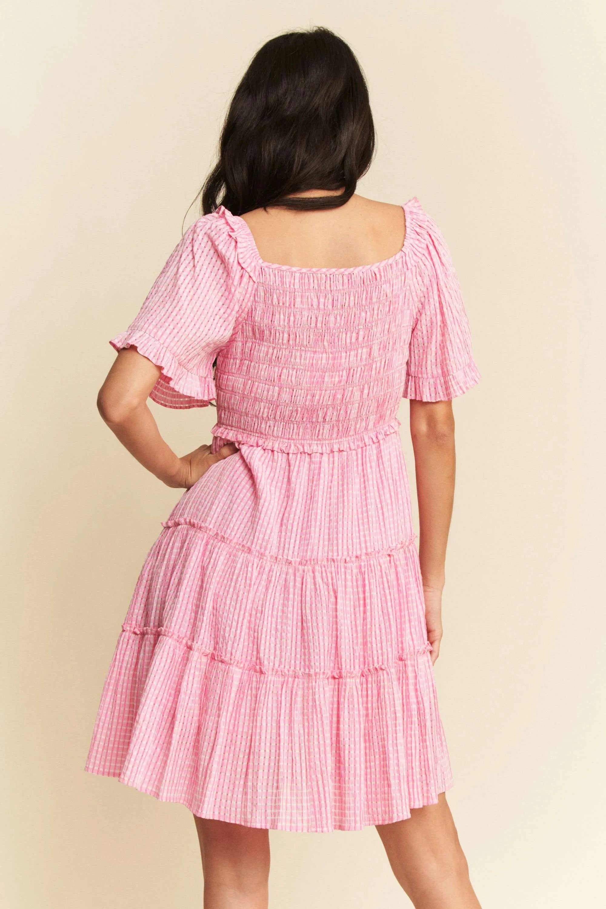 Davi & Dani Romantic Cottagecore Checker Jacquard Smocked Tiered Midi Dress - NeoKira Unlimited