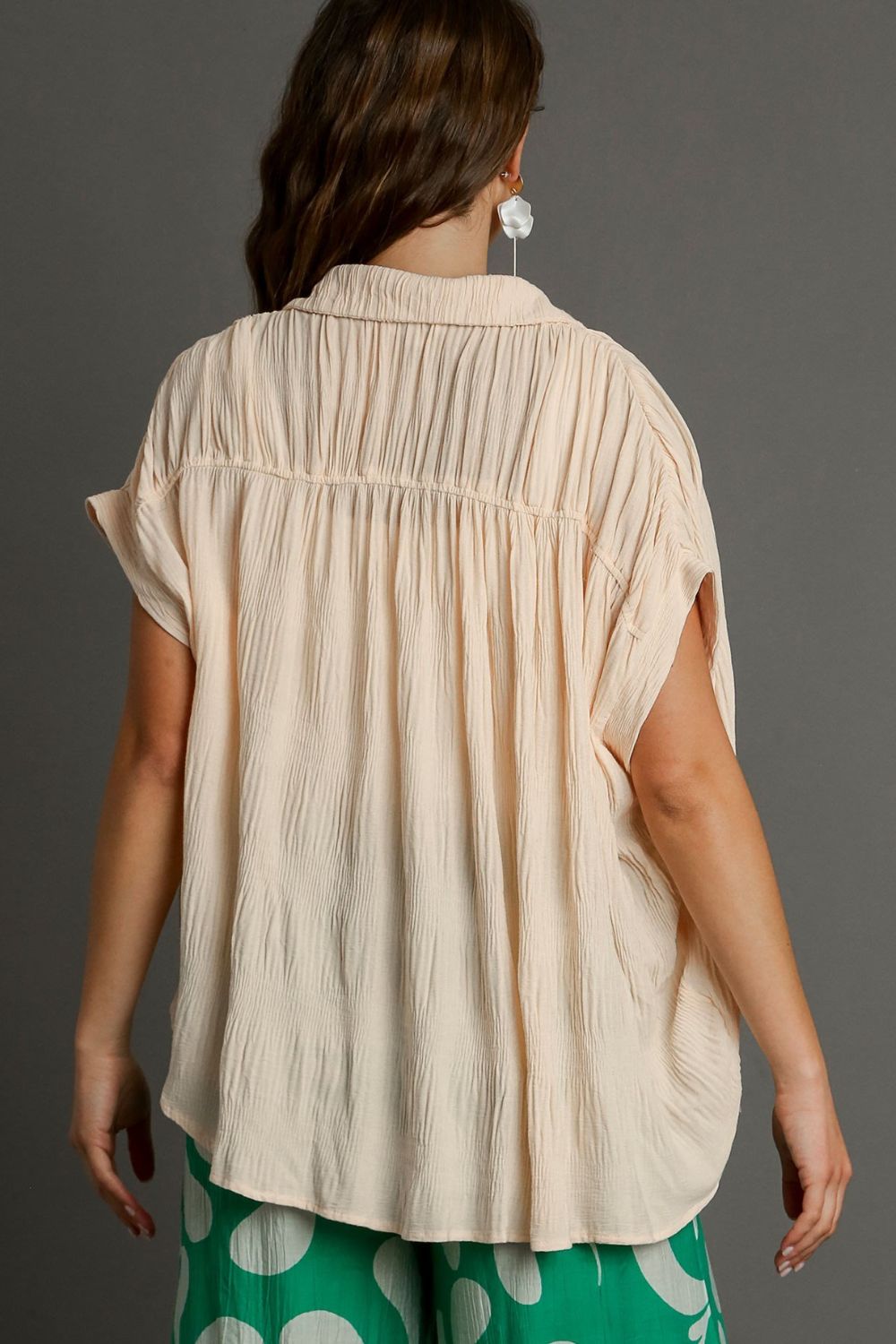 Umgee Full Size Textured Button Down Short Sleeve Shirt Plus Size - NeoKira Unlimited