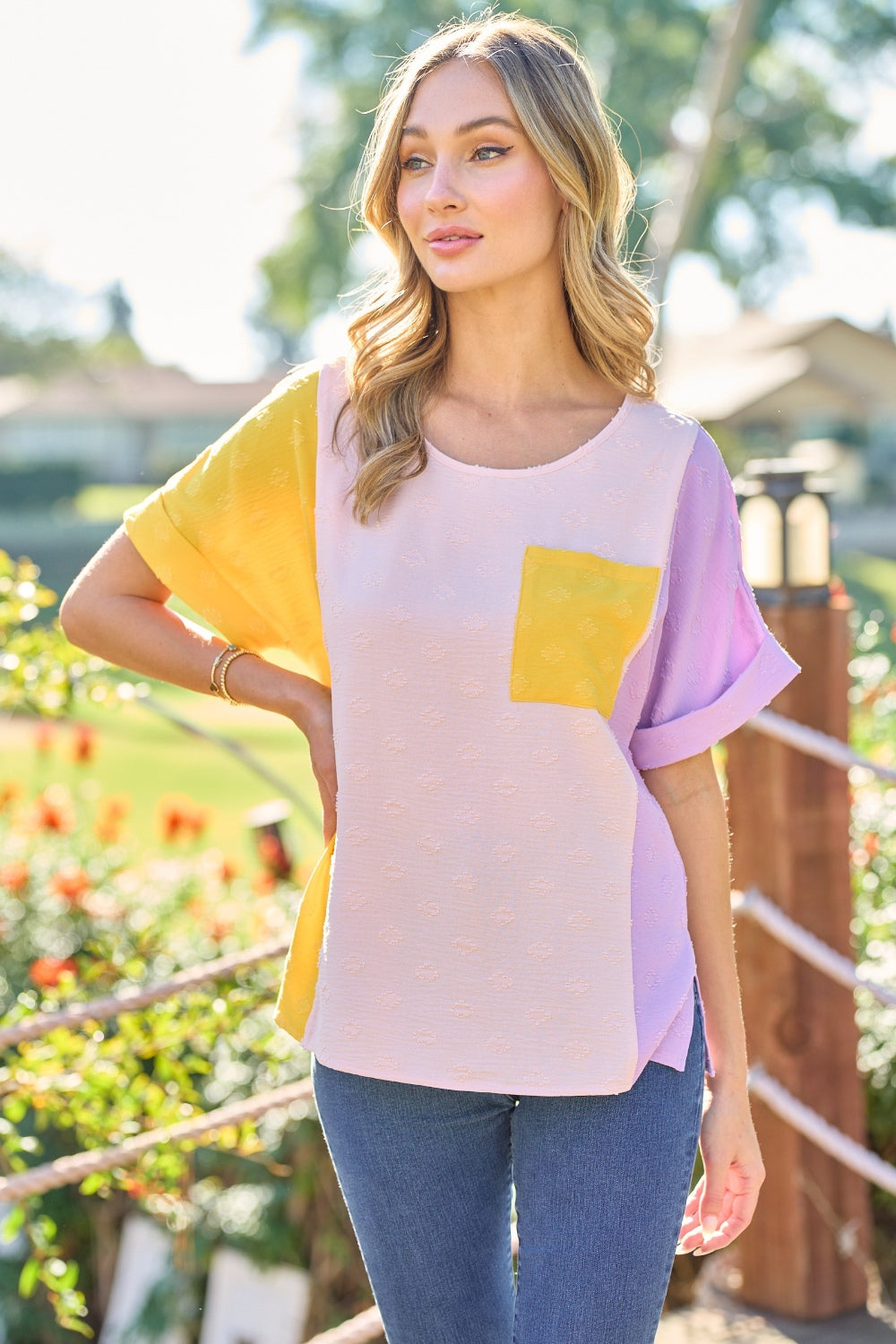 Hailey & Co Full Size Color Block Short Sleeve Top Top Trendsi   