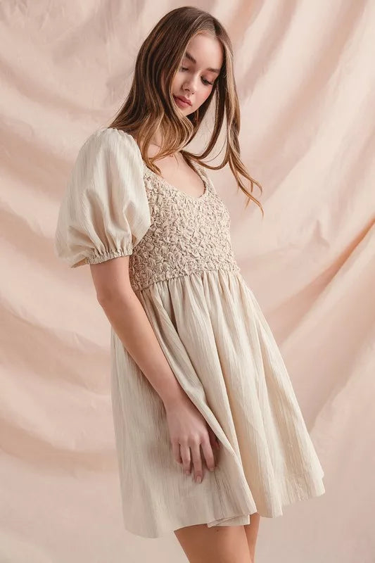 SO ME Textured Woven Daily Dress with Puff Sleeves - NeoKira Unlimited