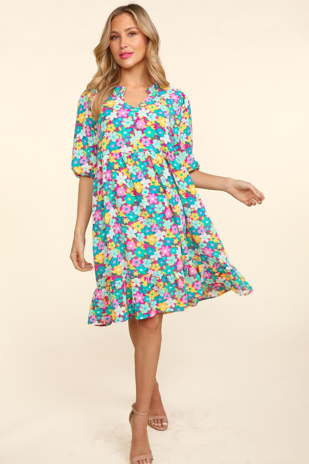 Haptics Bubble Sleeve Floral Ruffled Dress - NeoKira Unlimited