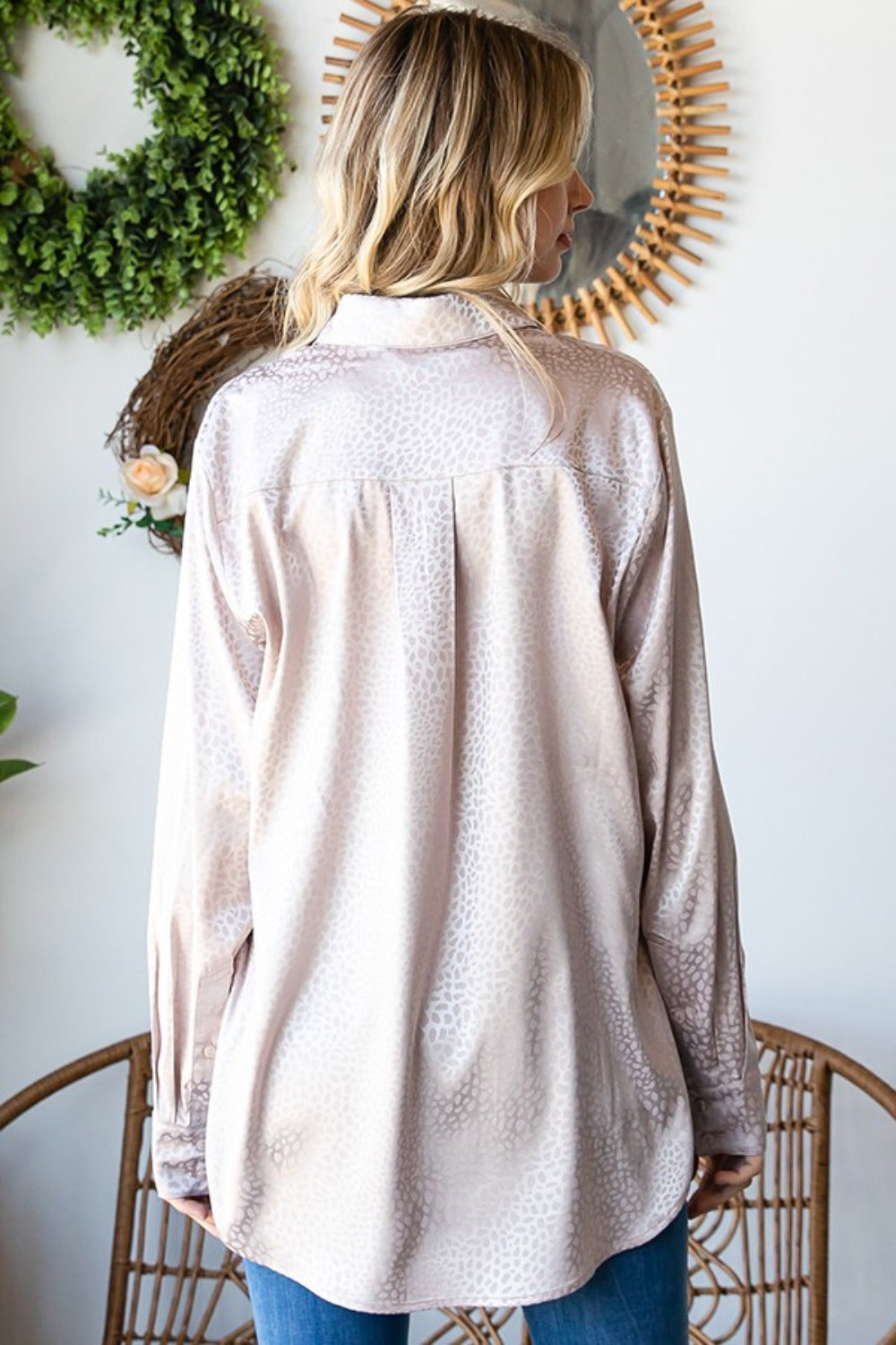 First Love Full Size Ditsy Dot Button Down Collared Satin Shirt - NeoKira Unlimited