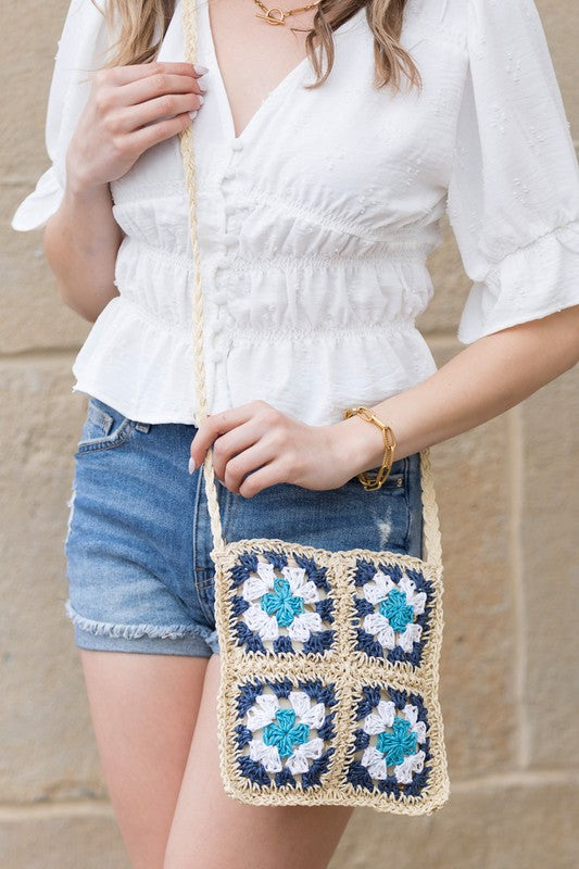 Eliza Crochet Straw Crossbody – Boho Woven Square Bag with Zip Closure - NeoKira Unlimited