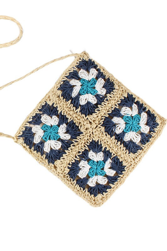 Eliza Crochet Straw Crossbody – Boho Woven Square Bag with Zip Closure - NeoKira Unlimited