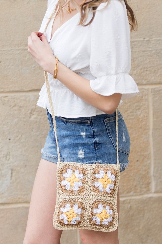 Eliza Crochet Straw Crossbody – Boho Woven Square Bag with Zip Closure - NeoKira Unlimited