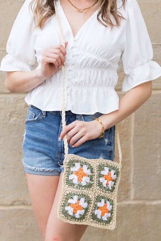 Eliza Crochet Straw Crossbody – Boho Woven Square Bag with Zip Closure - NeoKira Unlimited