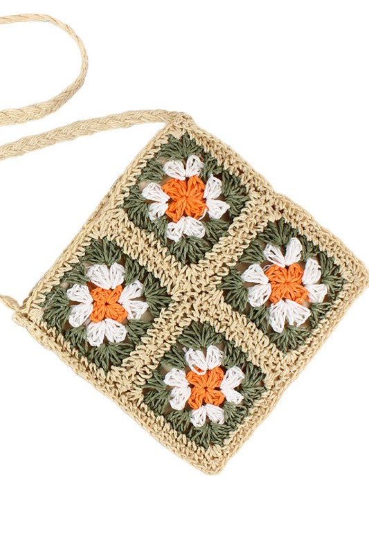 Eliza Crochet Straw Crossbody – Boho Woven Square Bag with Zip Closure - NeoKira Unlimited