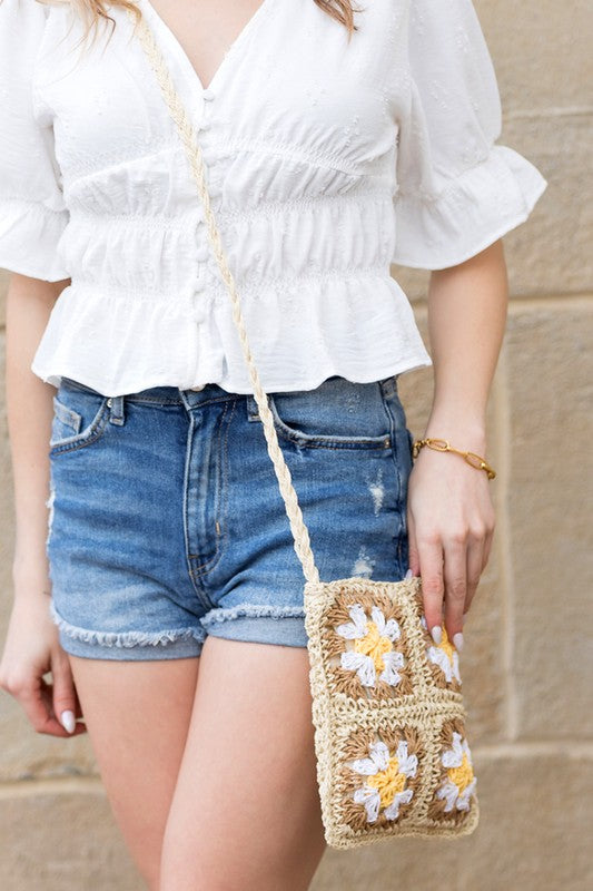 Eliza Crochet Straw Crossbody – Boho Woven Square Bag with Zip Closure - NeoKira Unlimited