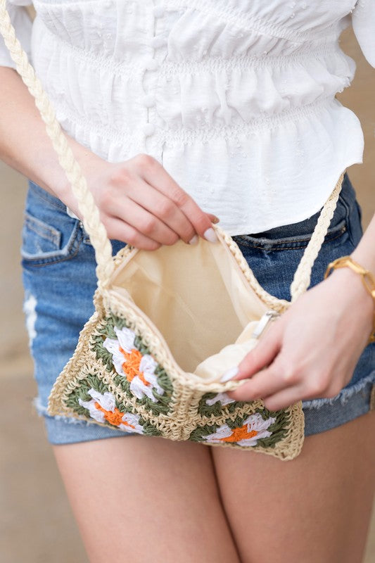 Eliza Crochet Straw Crossbody – Boho Woven Square Bag with Zip Closure - NeoKira Unlimited