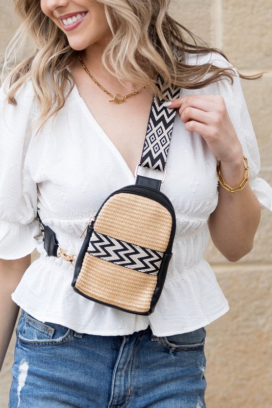 Modern Glam Mixed Media Sling Bag | Vegan Leather Straw Crossbody Style - NeoKira Unlimited