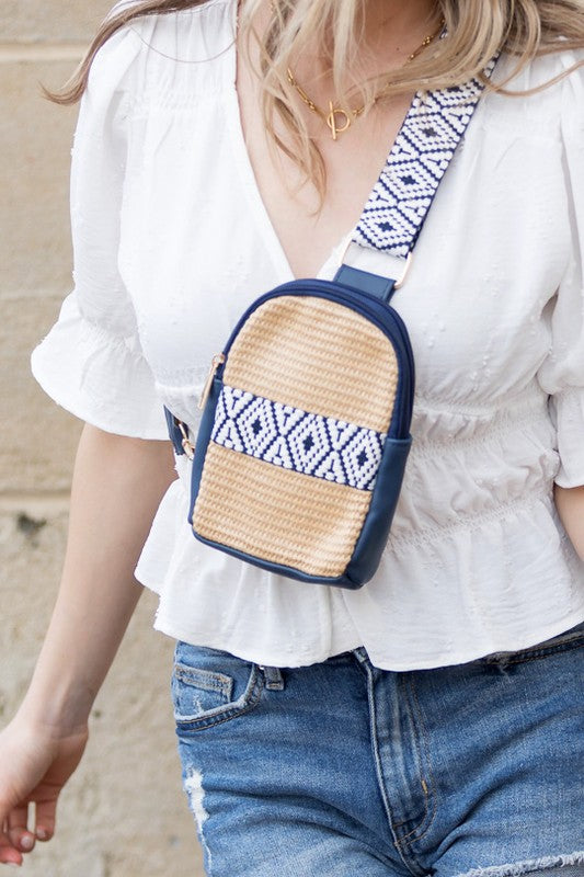 Modern Glam Mixed Media Sling Bag | Vegan Leather Straw Crossbody Style - NeoKira Unlimited