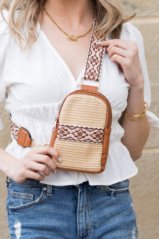 Modern Glam Mixed Media Sling Bag | Vegan Leather Straw Crossbody Style - NeoKira Unlimited