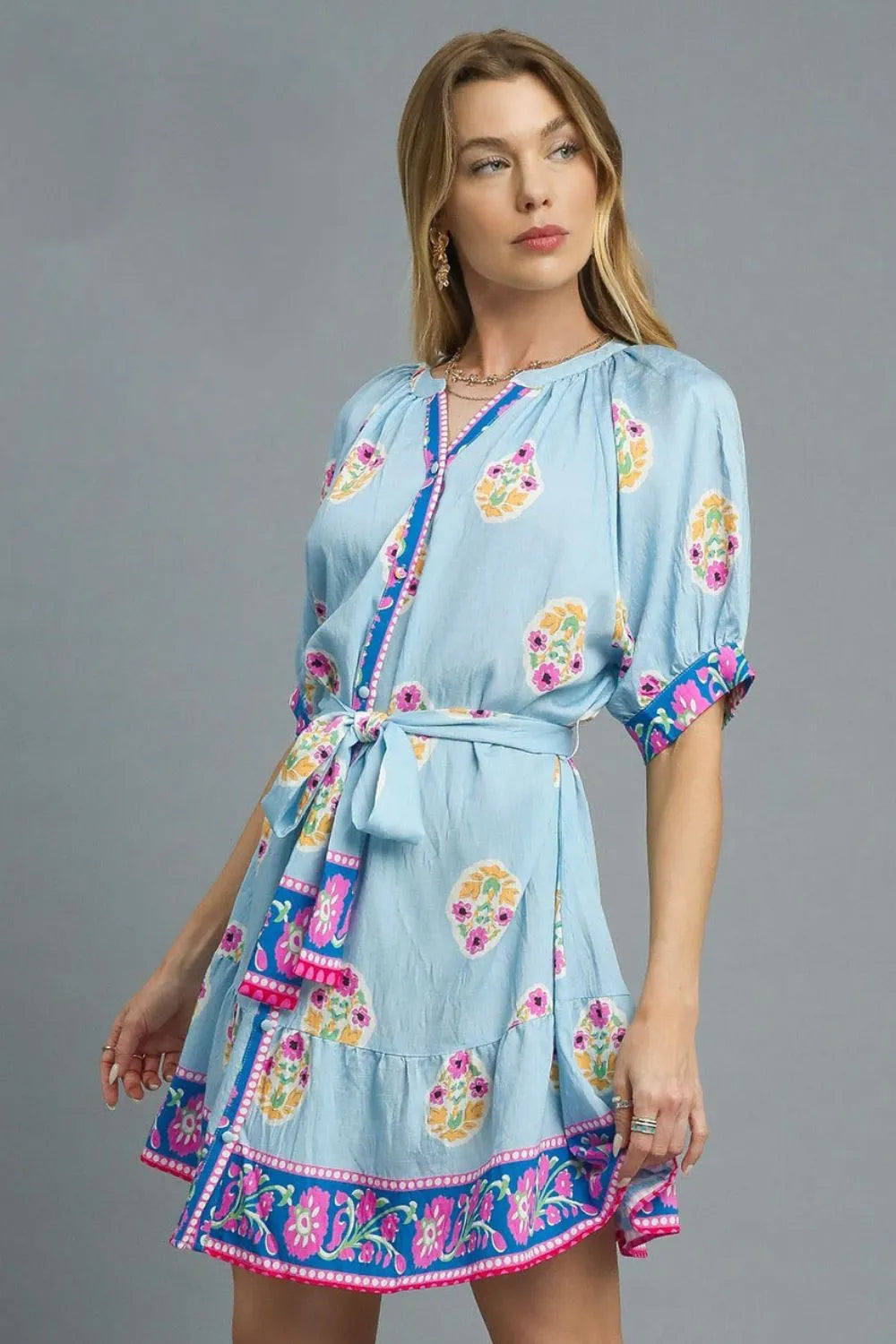 Umgee Boho Floral Blue Puff Sleeve Dress With Tie Waist And Trim Detail - NeoKira Unlimited