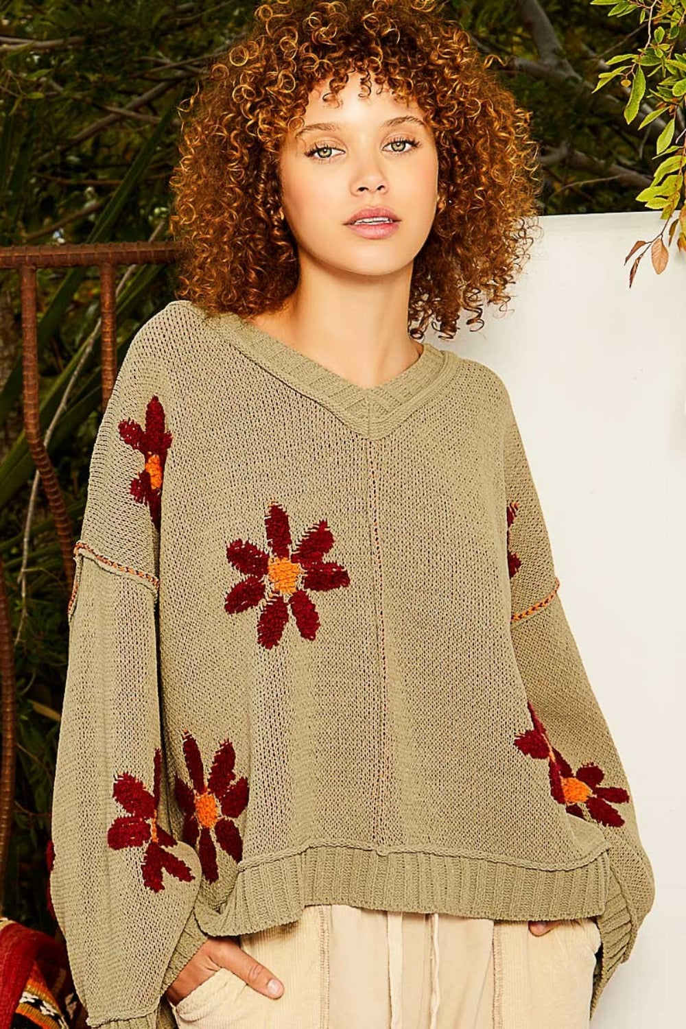 POL V-Neck Floral Pattern Chenille Sweater Sweater Trendsi Olive S 