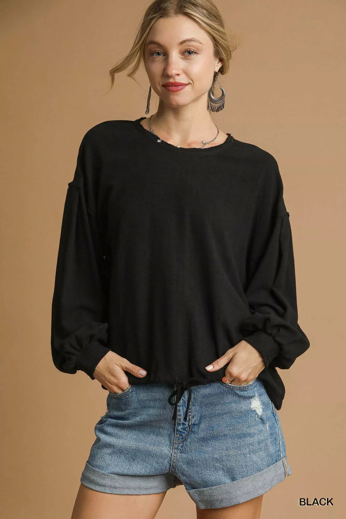 Umgee Linen Long Sleeve Drawstring Top Plus Size Blouse - NeoKira Unlimited
