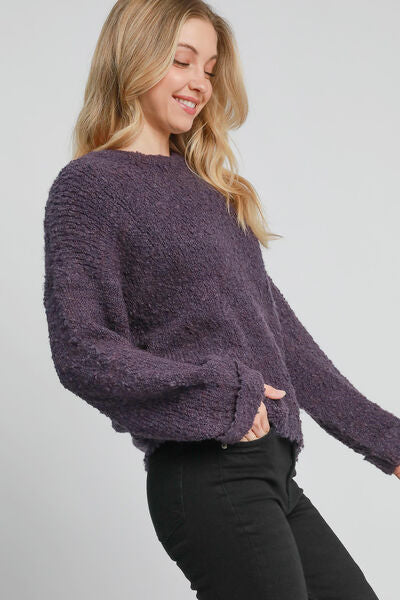 Umgee Full Size Round Neck Long Sleeve Boucle Sweater Plus Size - NeoKira Unlimited