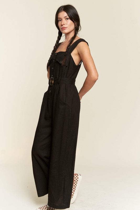 Jade By Jane Linen Blend Belted Utility Jumpsuit | Effortless Boho Chic Style - NeoKira Unlimited
