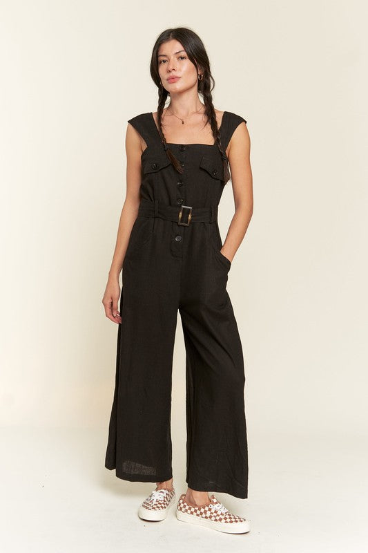 Jade By Jane Linen Blend Belted Jumpsuit | Plus Size Square Neck Minimalist Chic - NeoKira Unlimited