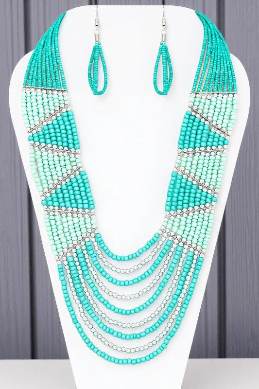 Seed Beads Mix Color Layer Necklace & Earrings Set | Boho Statement Jewelry - NeoKira Unlimited