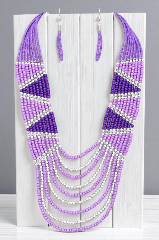 Seed Beads Mix Color Layer Necklace & Earrings Set | Boho Statement Jewelry - NeoKira Unlimited